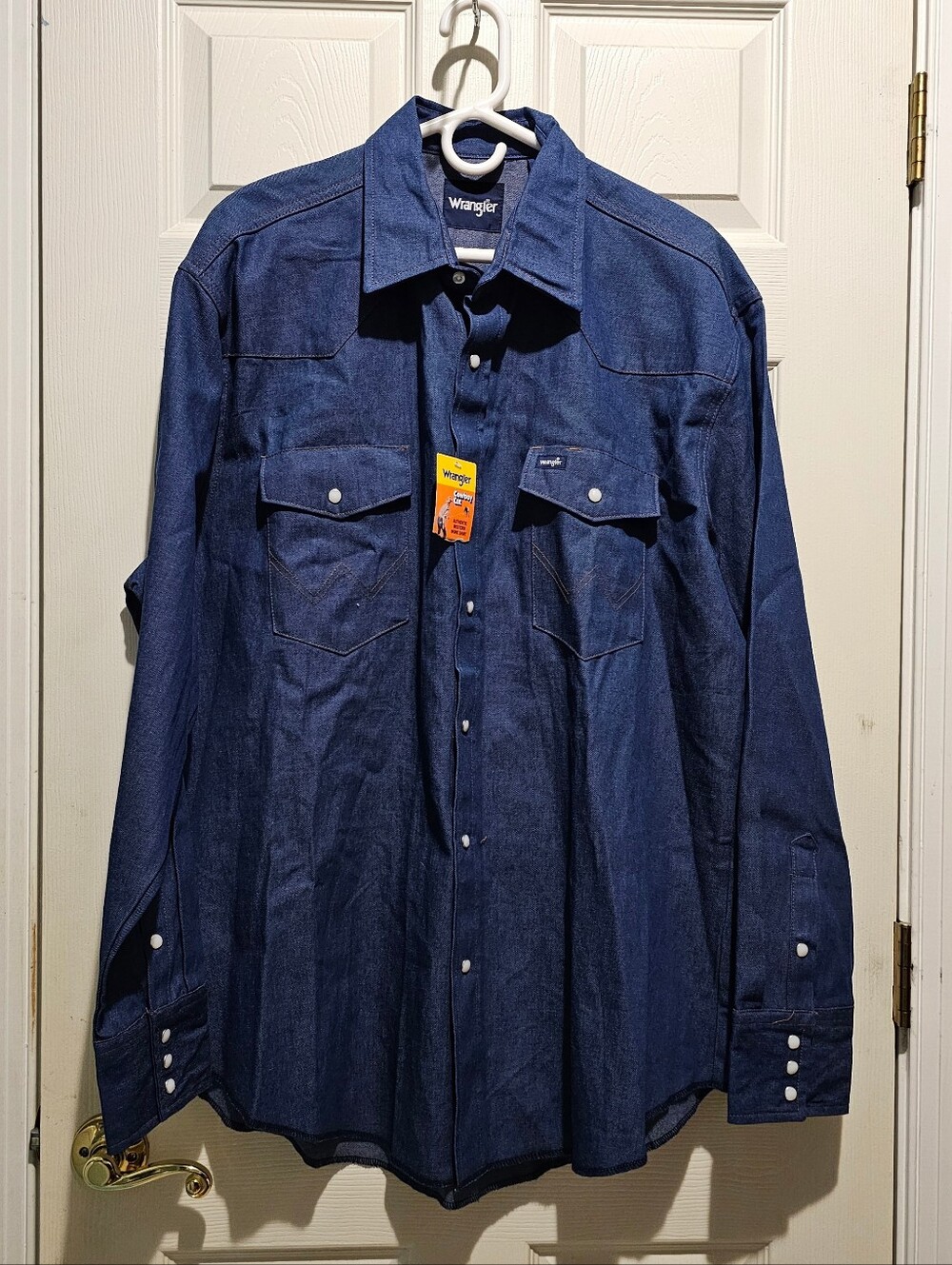 NWT Wrangler Cowboy Cut Denim Western Shirt Men XL Pearl Snap Work Blue Rigid